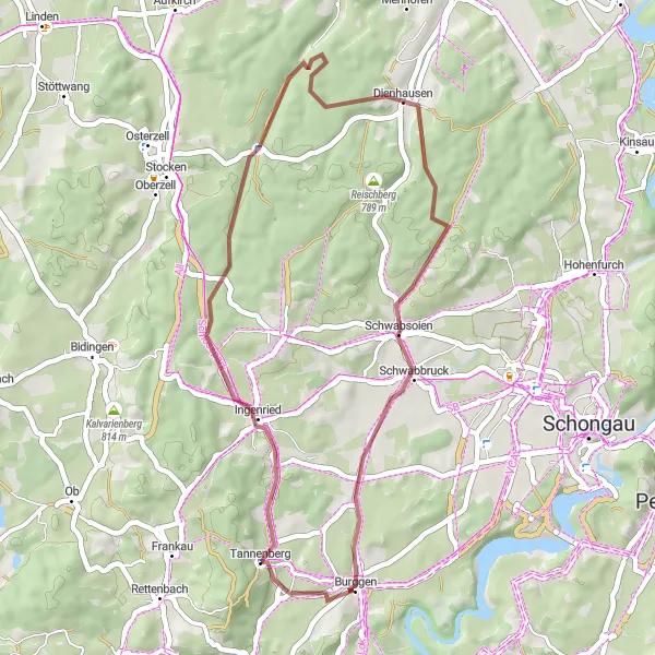 Map miniature of "Gravel Adventures near Burggen" cycling inspiration in Oberbayern, Germany. Generated by Tarmacs.app cycling route planner