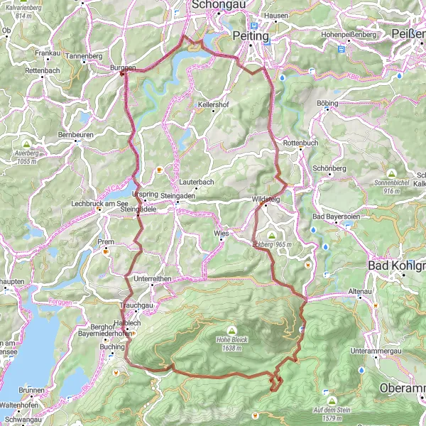 Map miniature of "Gravel Route through Straußberg and Schwarzenköpfel" cycling inspiration in Oberbayern, Germany. Generated by Tarmacs.app cycling route planner