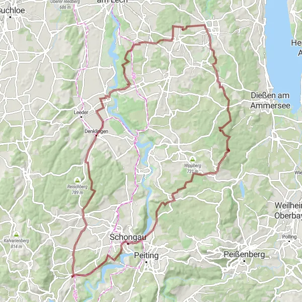 Karten-Miniaturansicht der Radinspiration "Abenteuerliche Gravel-Route durch die Voralpenhügel" in Oberbayern, Germany. Erstellt vom Tarmacs.app-Routenplaner für Radtouren