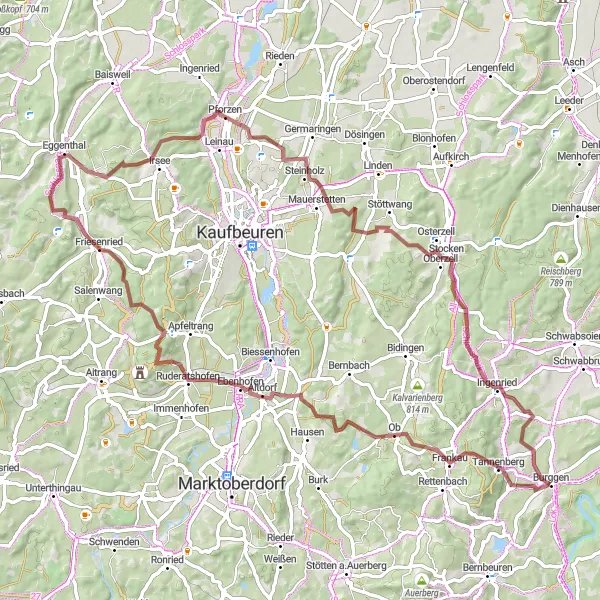 Map miniature of "Gravel Route through Altdorf and Pforzen" cycling inspiration in Oberbayern, Germany. Generated by Tarmacs.app cycling route planner