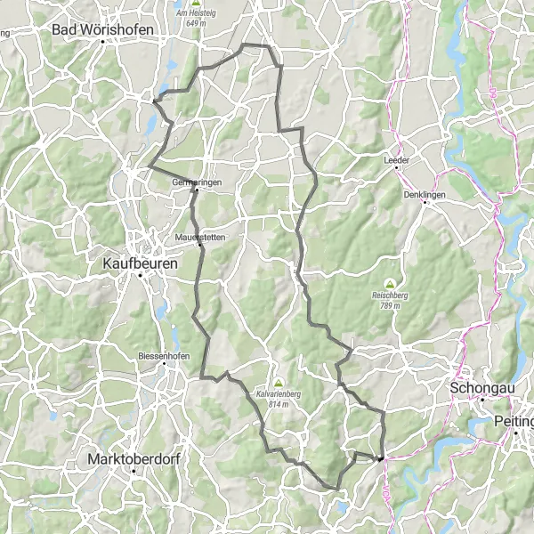 Map miniature of "Road Bike Route to Kappelhöhe and Aufkirch" cycling inspiration in Oberbayern, Germany. Generated by Tarmacs.app cycling route planner