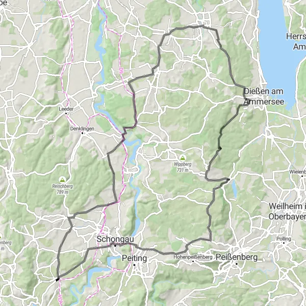 Map miniature of "Road Bike Route to Schwabsoien and Schongau" cycling inspiration in Oberbayern, Germany. Generated by Tarmacs.app cycling route planner