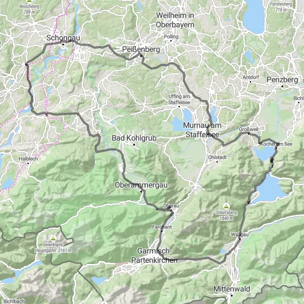 Map miniature of "The Bavarian Road Adventure" cycling inspiration in Oberbayern, Germany. Generated by Tarmacs.app cycling route planner