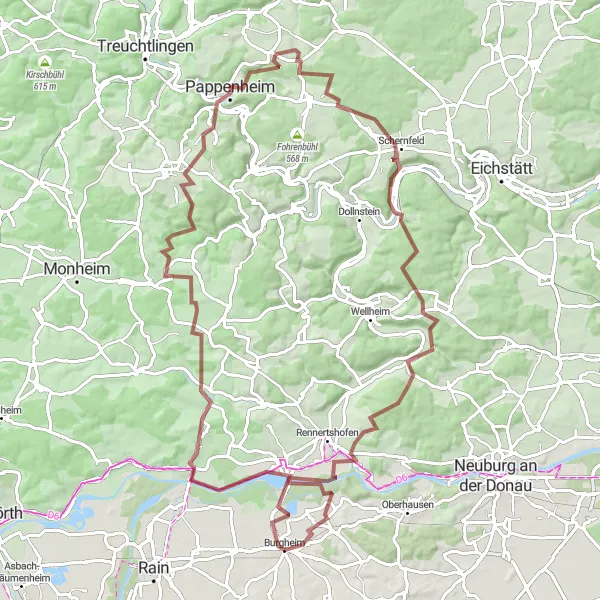 Karten-Miniaturansicht der Radinspiration "Rund um Burgheim und Marxheim" in Oberbayern, Germany. Erstellt vom Tarmacs.app-Routenplaner für Radtouren