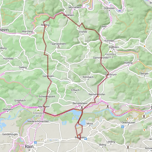 Karten-Miniaturansicht der Radinspiration "Landkreis Neuburg-Schrobenhausen: Entlang der Donau und Altmühl" in Oberbayern, Germany. Erstellt vom Tarmacs.app-Routenplaner für Radtouren