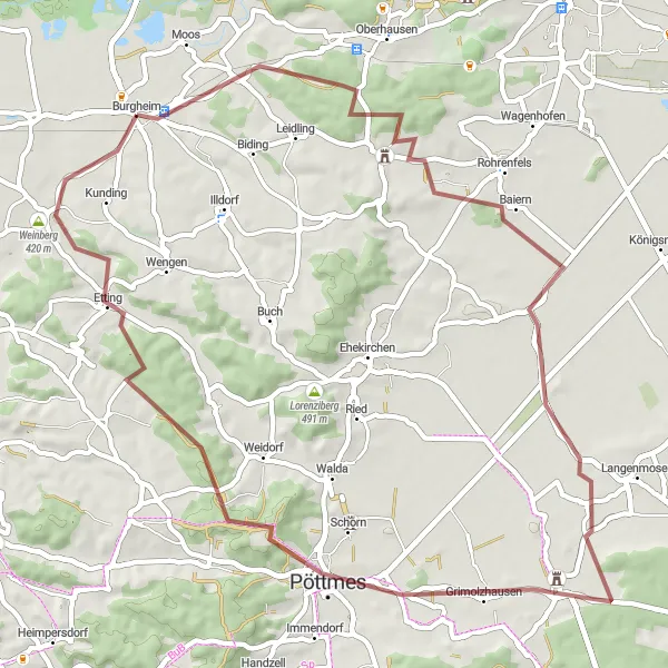 Map miniature of "Hidden Gravel Gems" cycling inspiration in Oberbayern, Germany. Generated by Tarmacs.app cycling route planner