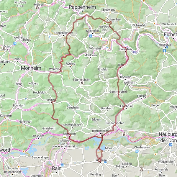 Map miniature of "Gravel Cycling Adventure near Burgheim" cycling inspiration in Oberbayern, Germany. Generated by Tarmacs.app cycling route planner