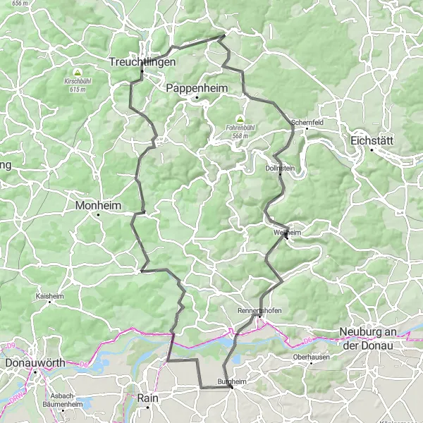 Karten-Miniaturansicht der Radinspiration "Entlang der Donau und durch malerische Dörfer" in Oberbayern, Germany. Erstellt vom Tarmacs.app-Routenplaner für Radtouren