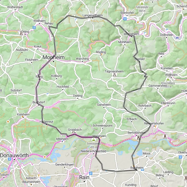 Karten-Miniaturansicht der Radinspiration "Schlossberg und Altmühltal: Rundtour für Straßenradfahrer" in Oberbayern, Germany. Erstellt vom Tarmacs.app-Routenplaner für Radtouren