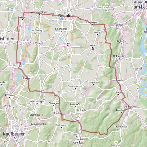 Map miniature of "Denklingen Gravel Adventure" cycling inspiration in Oberbayern, Germany. Generated by Tarmacs.app cycling route planner
