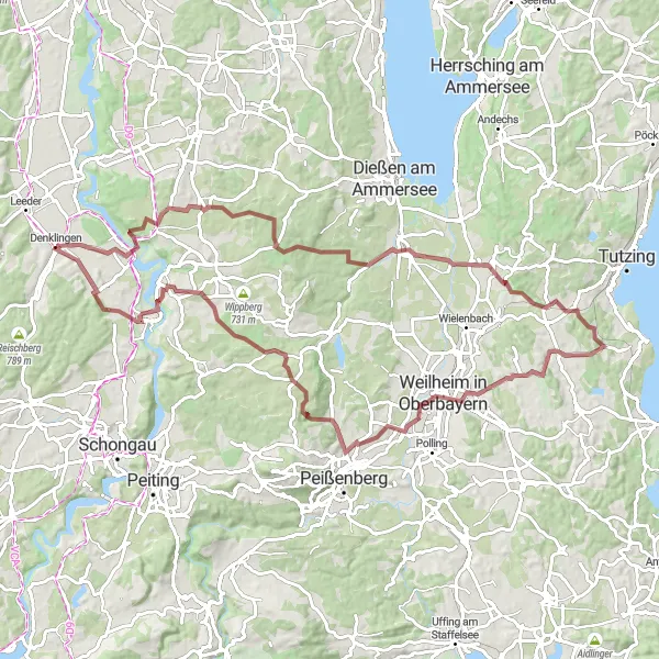 Map miniature of "Denklingen Gravel Route" cycling inspiration in Oberbayern, Germany. Generated by Tarmacs.app cycling route planner