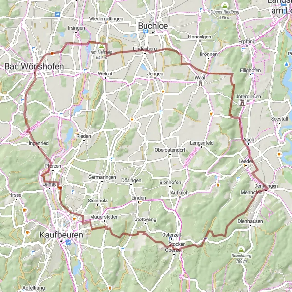 Map miniature of "Denklingen Gravel Adventure" cycling inspiration in Oberbayern, Germany. Generated by Tarmacs.app cycling route planner