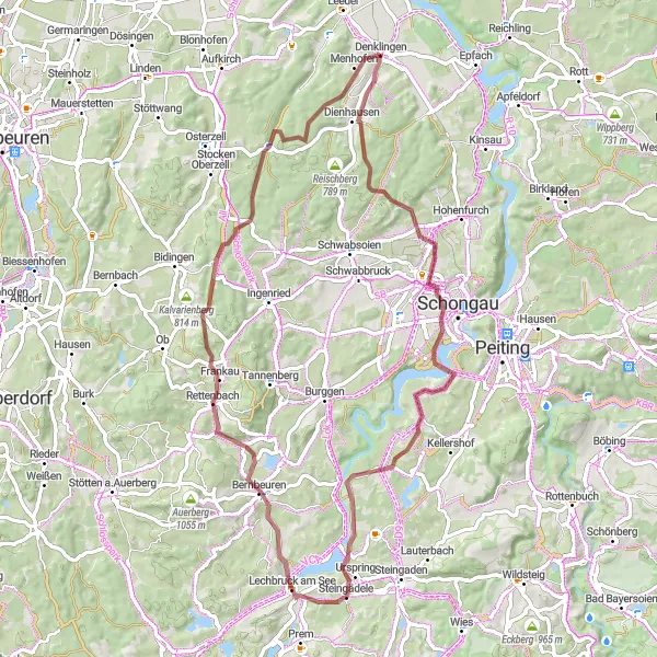Map miniature of "Scenic Gravel Journey from Denklingen" cycling inspiration in Oberbayern, Germany. Generated by Tarmacs.app cycling route planner
