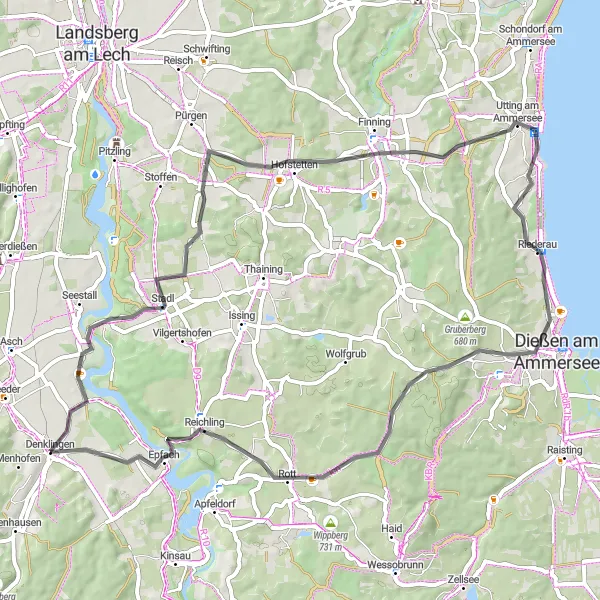 Map miniature of "Quaint Road Loop from Denklingen" cycling inspiration in Oberbayern, Germany. Generated by Tarmacs.app cycling route planner
