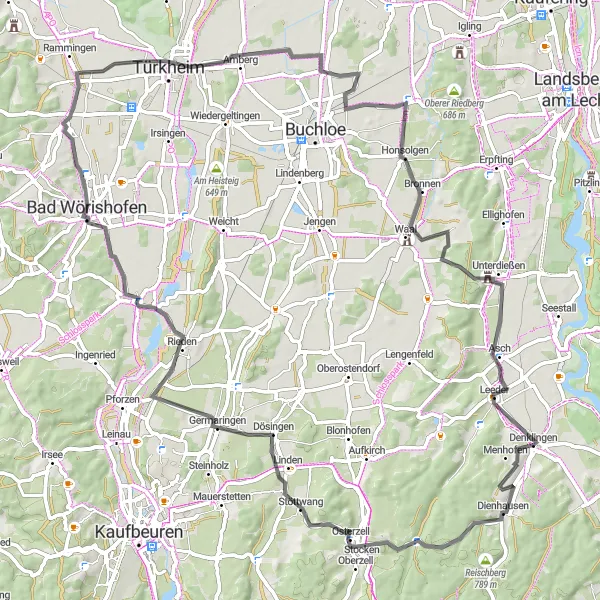 Karten-Miniaturansicht der Radinspiration "Fahrt von Denklingen nach Honsolgen über Germaringen und Türkheim" in Oberbayern, Germany. Erstellt vom Tarmacs.app-Routenplaner für Radtouren