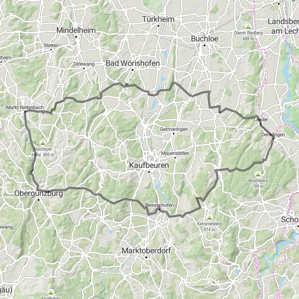 Map miniature of "Challenging Road Circuit around Denklingen" cycling inspiration in Oberbayern, Germany. Generated by Tarmacs.app cycling route planner