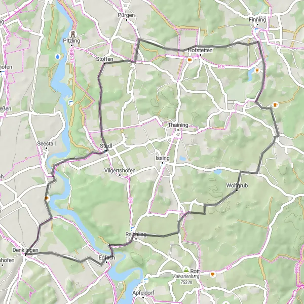 Map miniature of "Denklingen Road Route" cycling inspiration in Oberbayern, Germany. Generated by Tarmacs.app cycling route planner