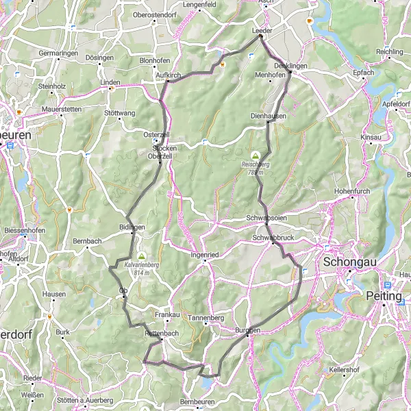 Karten-Miniaturansicht der Radinspiration "Rundtour um Denklingen über Reischberg und Burggen" in Oberbayern, Germany. Erstellt vom Tarmacs.app-Routenplaner für Radtouren