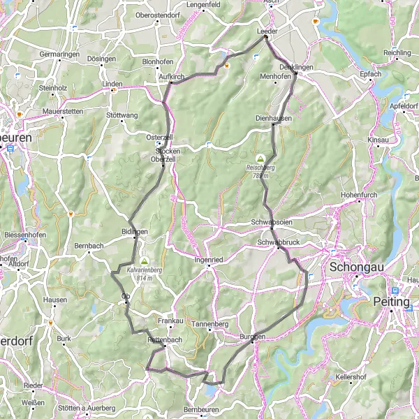 Map miniature of "Scenic Road Ride near Denklingen" cycling inspiration in Oberbayern, Germany. Generated by Tarmacs.app cycling route planner