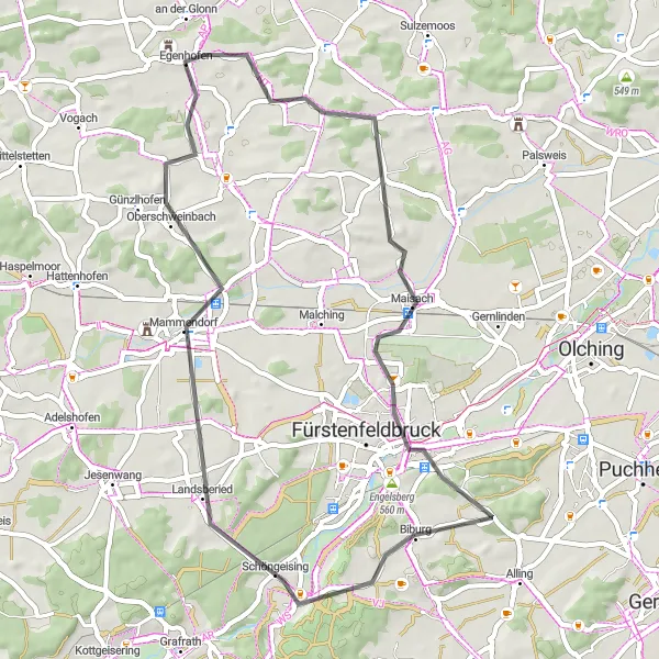 Karten-Miniaturansicht der Radinspiration "Fahrradtour durch Reitersberg und Maisach" in Oberbayern, Germany. Erstellt vom Tarmacs.app-Routenplaner für Radtouren