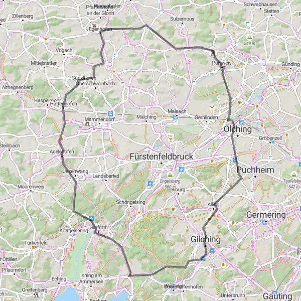 Karten-Miniaturansicht der Radinspiration "Panoramaroute durch Schloß Lauterbach und Alling" in Oberbayern, Germany. Erstellt vom Tarmacs.app-Routenplaner für Radtouren