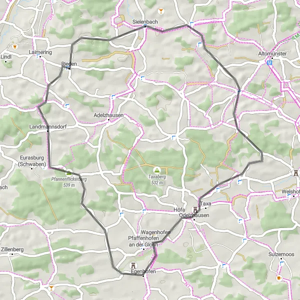 Karten-Miniaturansicht der Radinspiration "Rundweg von Egenhofen nach Weyhern" in Oberbayern, Germany. Erstellt vom Tarmacs.app-Routenplaner für Radtouren