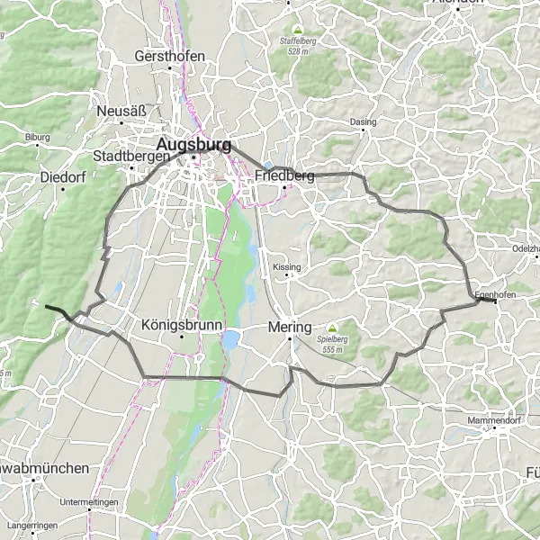 Karten-Miniaturansicht der Radinspiration "Rundweg von Egenhofen nach Merching" in Oberbayern, Germany. Erstellt vom Tarmacs.app-Routenplaner für Radtouren