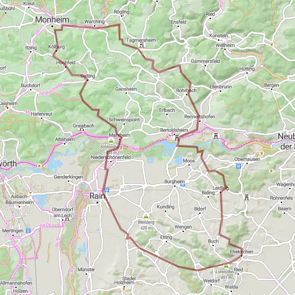 Map miniature of "The Monheim Gravel Loop" cycling inspiration in Oberbayern, Germany. Generated by Tarmacs.app cycling route planner