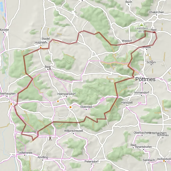 Map miniature of "The Thierhaupten Gravel Loop" cycling inspiration in Oberbayern, Germany. Generated by Tarmacs.app cycling route planner