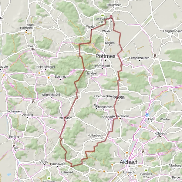 Map miniature of "The Hidden Trails" cycling inspiration in Oberbayern, Germany. Generated by Tarmacs.app cycling route planner