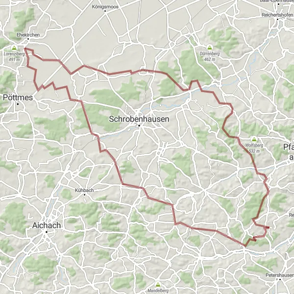 Map miniature of "The Gravel Scenic Route" cycling inspiration in Oberbayern, Germany. Generated by Tarmacs.app cycling route planner