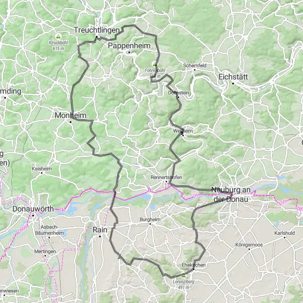 Map miniature of "The Monheim Road Adventure" cycling inspiration in Oberbayern, Germany. Generated by Tarmacs.app cycling route planner