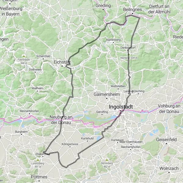 Map miniature of "The Hilly Loop" cycling inspiration in Oberbayern, Germany. Generated by Tarmacs.app cycling route planner