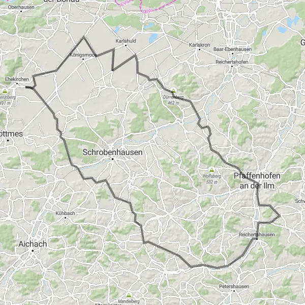 Map miniature of "The Bavarian Countryside" cycling inspiration in Oberbayern, Germany. Generated by Tarmacs.app cycling route planner