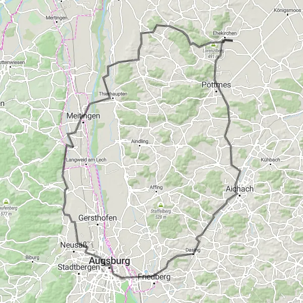 Map miniature of "The Augsburg Road Loop" cycling inspiration in Oberbayern, Germany. Generated by Tarmacs.app cycling route planner