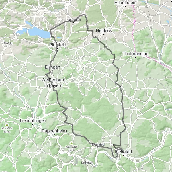 Karten-Miniaturansicht der Radinspiration "Große Rundtour durch Eichstätt und Brombachsee" in Oberbayern, Germany. Erstellt vom Tarmacs.app-Routenplaner für Radtouren