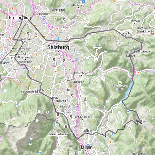 Map miniature of "Salzburg City Loop" cycling inspiration in Oberbayern, Germany. Generated by Tarmacs.app cycling route planner