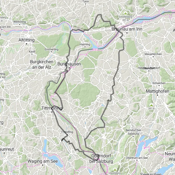 Map miniature of "Salzach Loop" cycling inspiration in Oberbayern, Germany. Generated by Tarmacs.app cycling route planner