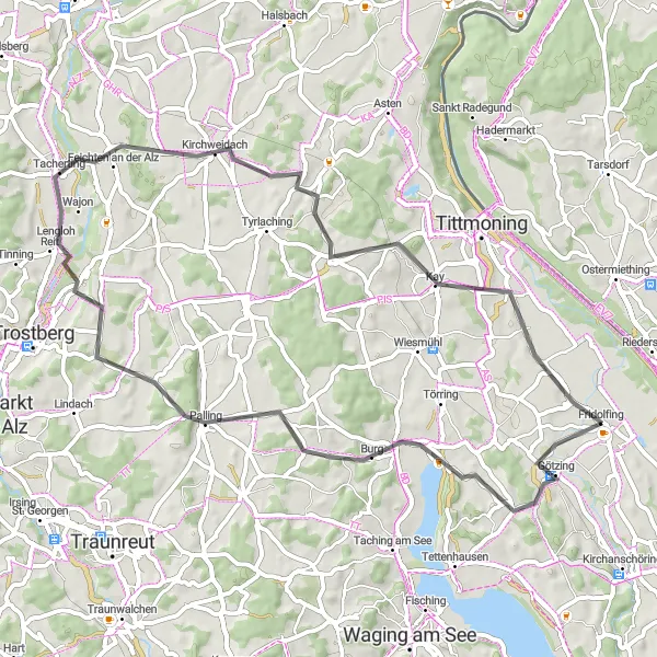 Map miniature of "Alz River Loop" cycling inspiration in Oberbayern, Germany. Generated by Tarmacs.app cycling route planner