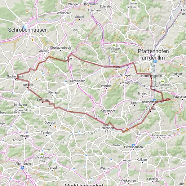Map miniature of "Gachenbach Gravel Adventure" cycling inspiration in Oberbayern, Germany. Generated by Tarmacs.app cycling route planner