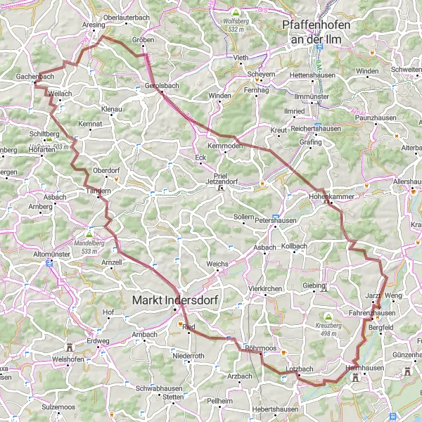 Map miniature of "Beinberg to Ottelsburg Gravel Ride" cycling inspiration in Oberbayern, Germany. Generated by Tarmacs.app cycling route planner
