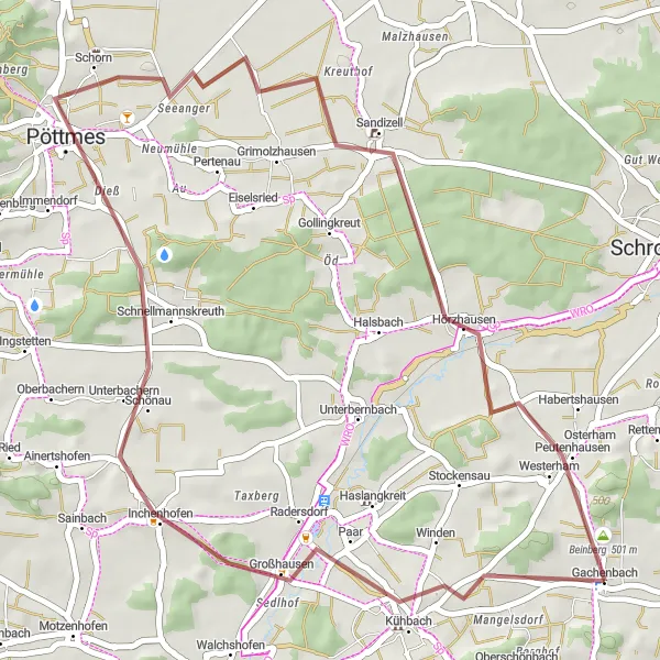 Map miniature of "Kühbach Gravel Loop" cycling inspiration in Oberbayern, Germany. Generated by Tarmacs.app cycling route planner