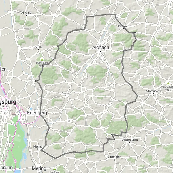 Map miniature of "Oberndorf Circuit" cycling inspiration in Oberbayern, Germany. Generated by Tarmacs.app cycling route planner