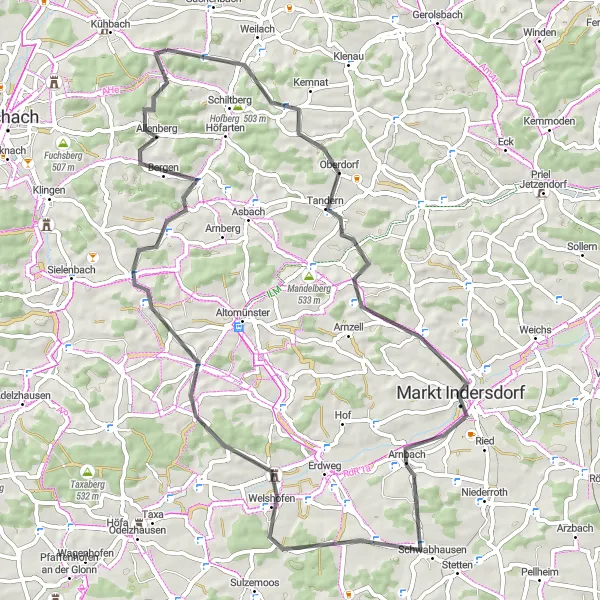 Map miniature of "Mittelham Loop" cycling inspiration in Oberbayern, Germany. Generated by Tarmacs.app cycling route planner