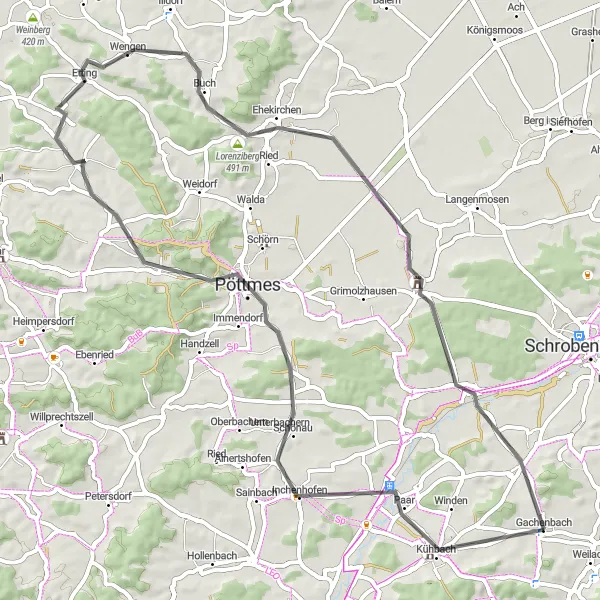 Map miniature of "Kühbach Loop" cycling inspiration in Oberbayern, Germany. Generated by Tarmacs.app cycling route planner