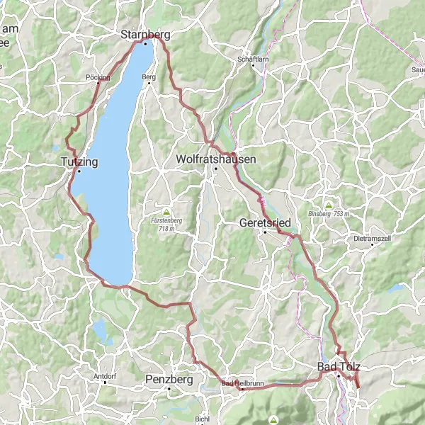 Map miniature of "Conquer the Gravel Giants" cycling inspiration in Oberbayern, Germany. Generated by Tarmacs.app cycling route planner