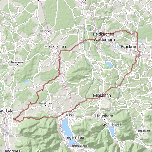 Map miniature of "Gravel Adventure to Reichersbeuern" cycling inspiration in Oberbayern, Germany. Generated by Tarmacs.app cycling route planner