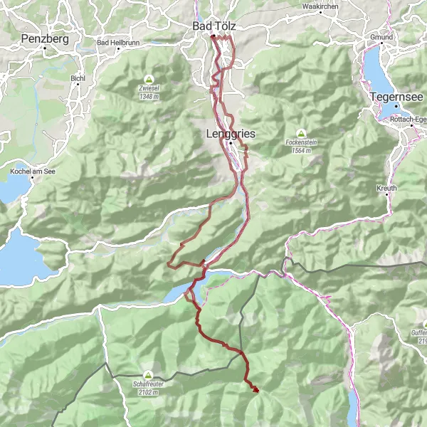 Map miniature of "Alpine Gravel Adventure" cycling inspiration in Oberbayern, Germany. Generated by Tarmacs.app cycling route planner