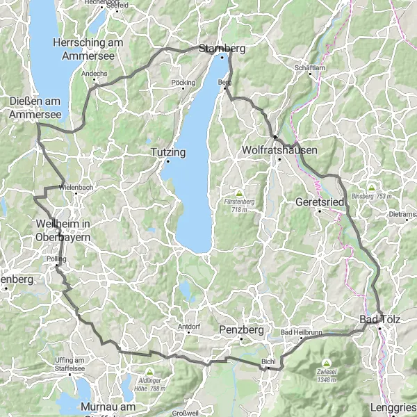 Map miniature of "Historic Bichl Tour" cycling inspiration in Oberbayern, Germany. Generated by Tarmacs.app cycling route planner
