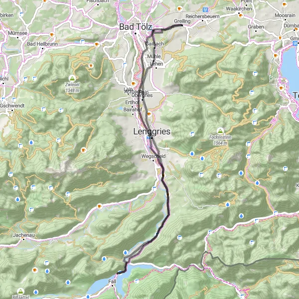 Map miniature of "Lenggries Thrills" cycling inspiration in Oberbayern, Germany. Generated by Tarmacs.app cycling route planner